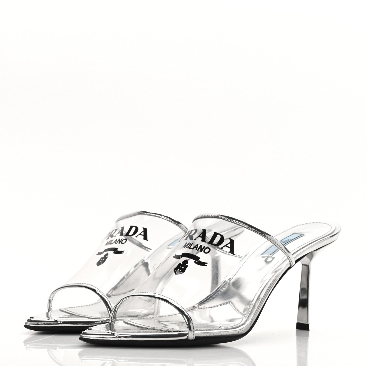Prada Plexiglass Metallic Calfskin Metal Triangle Logo 75mm Slide Sandals 40 Argento 3 of 8