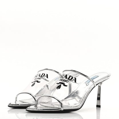 Prada Plexiglass Metallic Calfskin Metal Triangle Logo 75mm Slide Sandals 40 Argento 3 of 8