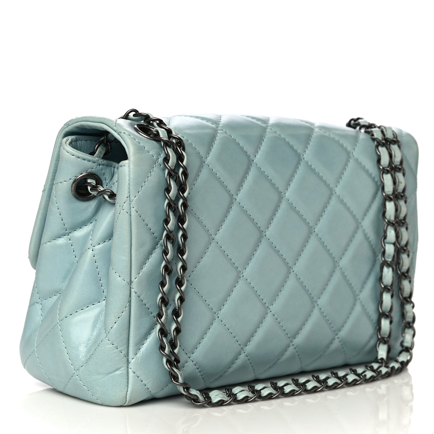Glazed Calfskin Quilted Large Coco Soft Flap Light Blue