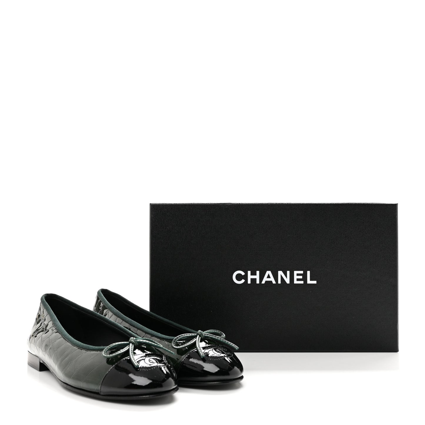 Patent Calfskin Crocodile Embossed Ballerina Flats 38 Dark Green Black