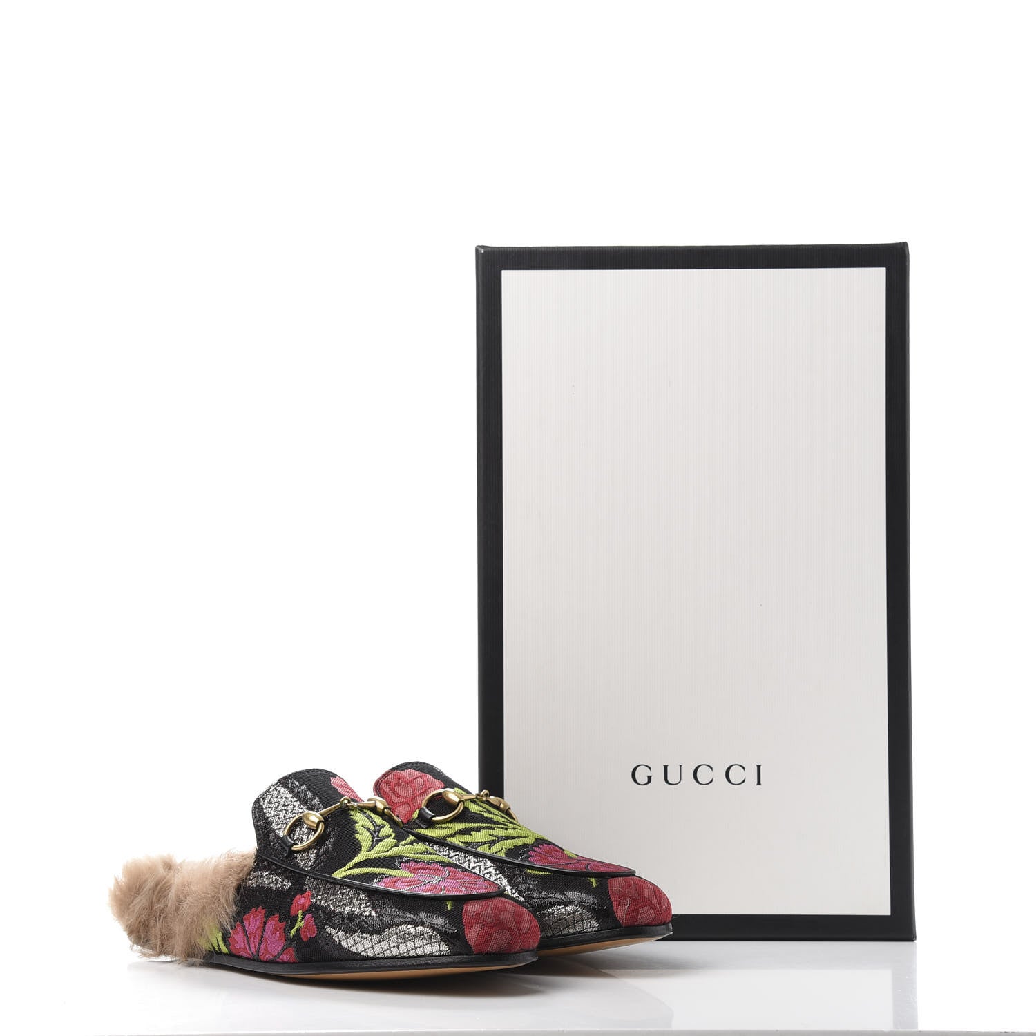 Gucci Brocade Fur Floral Womens Princetown Slippers 35.5 Black Anthracite 9 of 9
