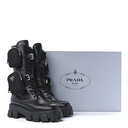 Prada Vitello Lux Nylon Metal Triangle Logo Monolith Pouch Pocket 55mm Tall Combat Boots 40 Black 10 of 10