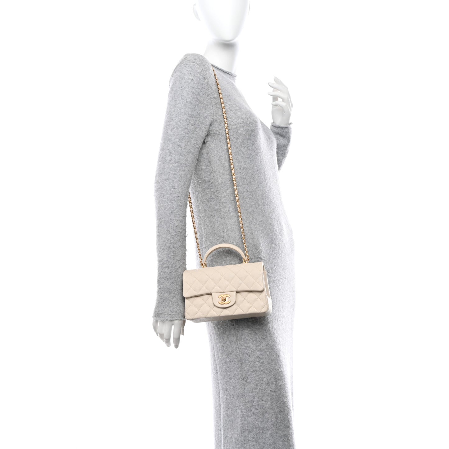 Caviar Quilted Mini Top Handle Rectangular Flap Beige