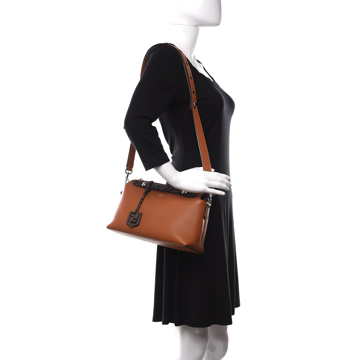 Fendi Vitello Dolce Bi-Color FF 1974 Embossed Medium By The Way Boston Bag Brandy Maya Black 2 of 9