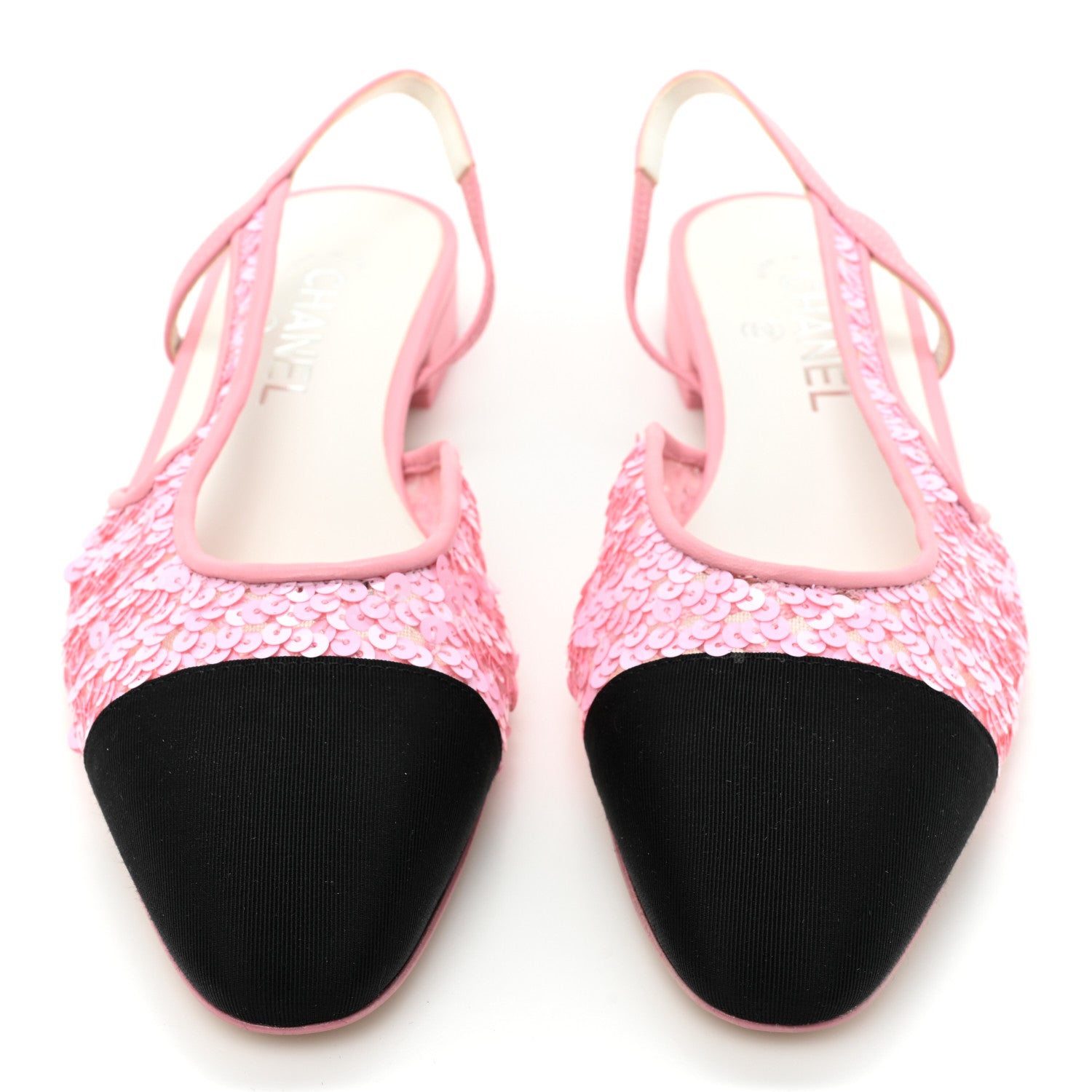 Chanel Sequins Satin Cap Toe CC Slingback Flat 38 Pink Black 2 of 9