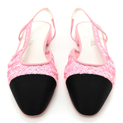 Chanel Sequins Satin Cap Toe CC Slingback Flat 38 Pink Black 2 of 9