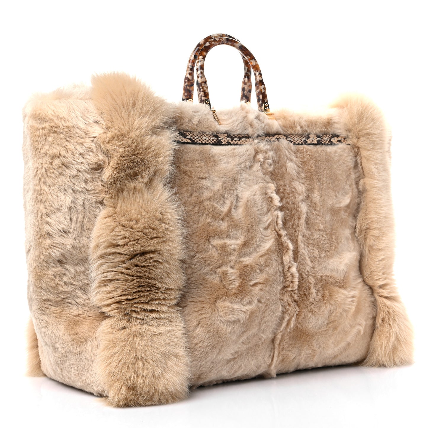 Fox Fur Sheepskin Elaphe Plexiglass FF Embossed XL Fendi Sunshine Shopper Tote Natural