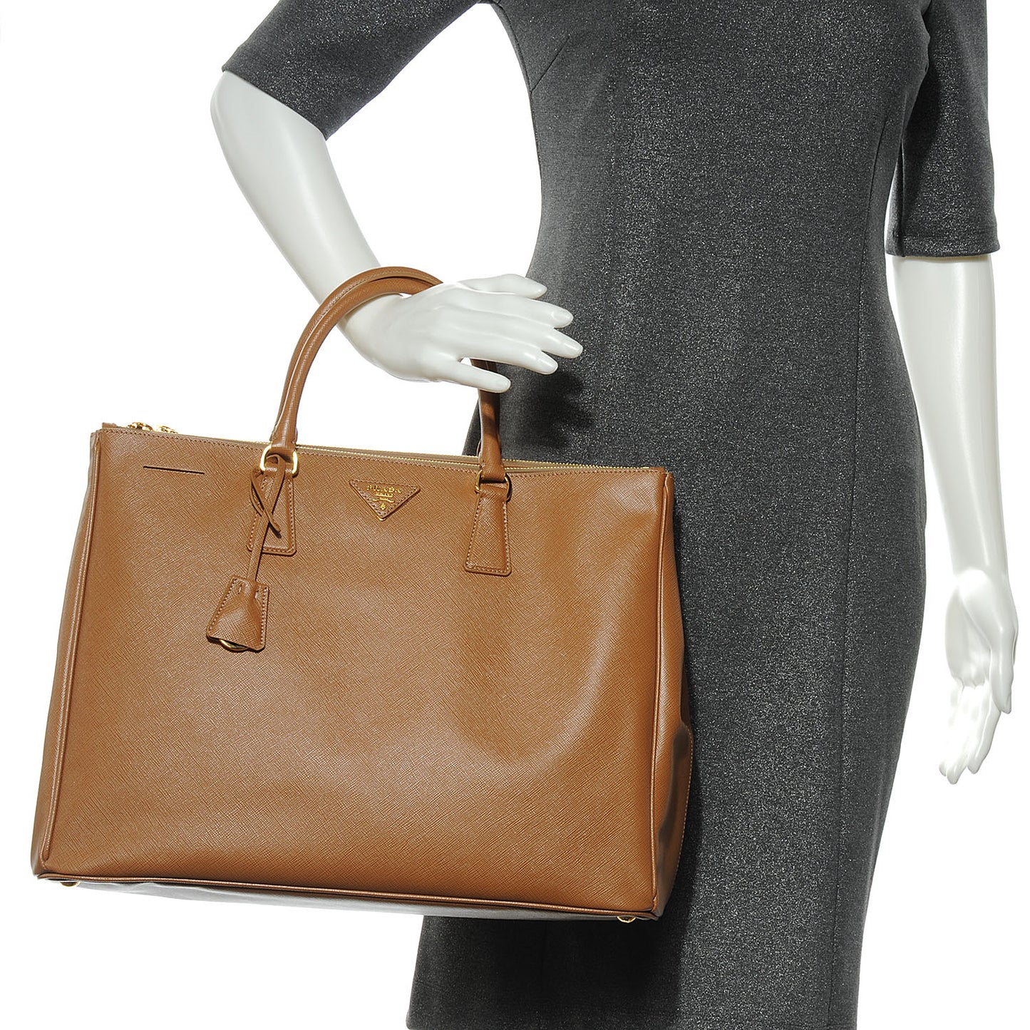 Saffiano Lux Large Double Zip Tote Caramel