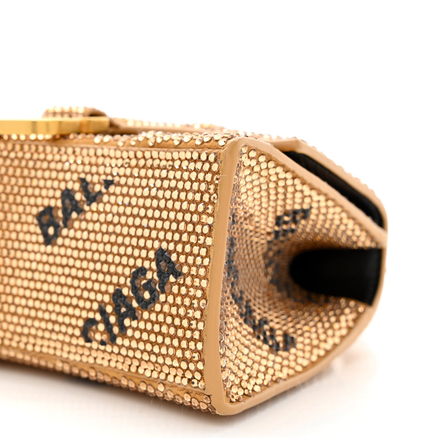 Strass Suede Allover Logo Hourglass Top Handle Bag XS with Chain Gold Black