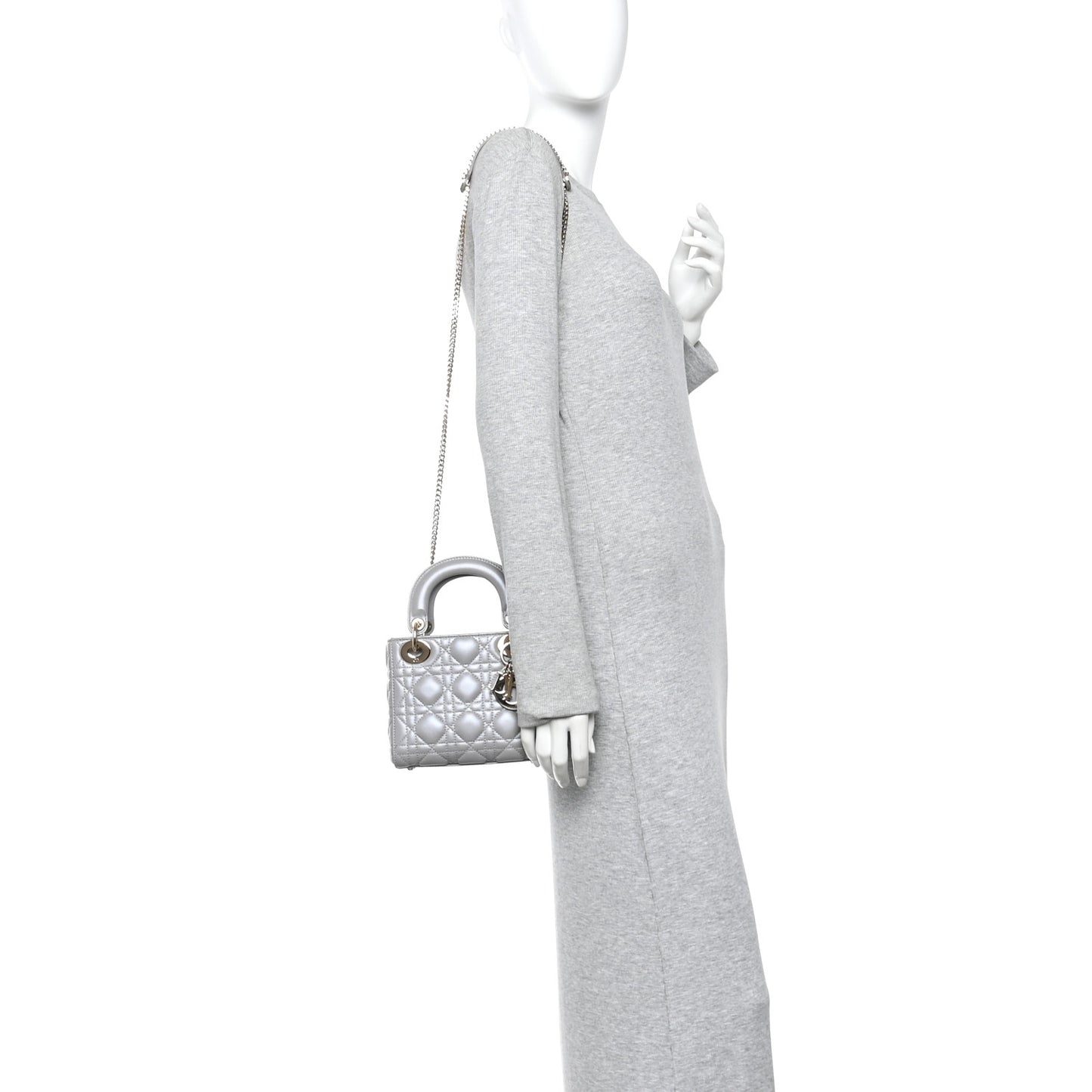 Metallic Lambskin Cannage Mini Lady Dior Grey