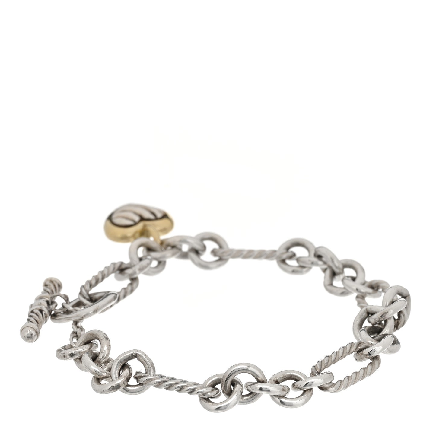 Sterling Silver 18k Yellow Gold Cable Heart Charm Bracelet