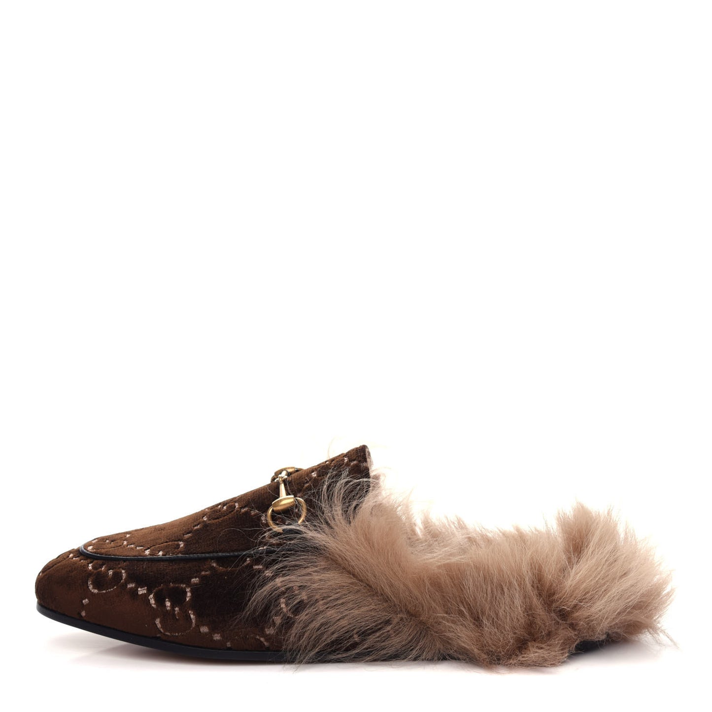 Velvet GG Monogram Fur Womens Princetown Slippers 39 Brown Black Natural