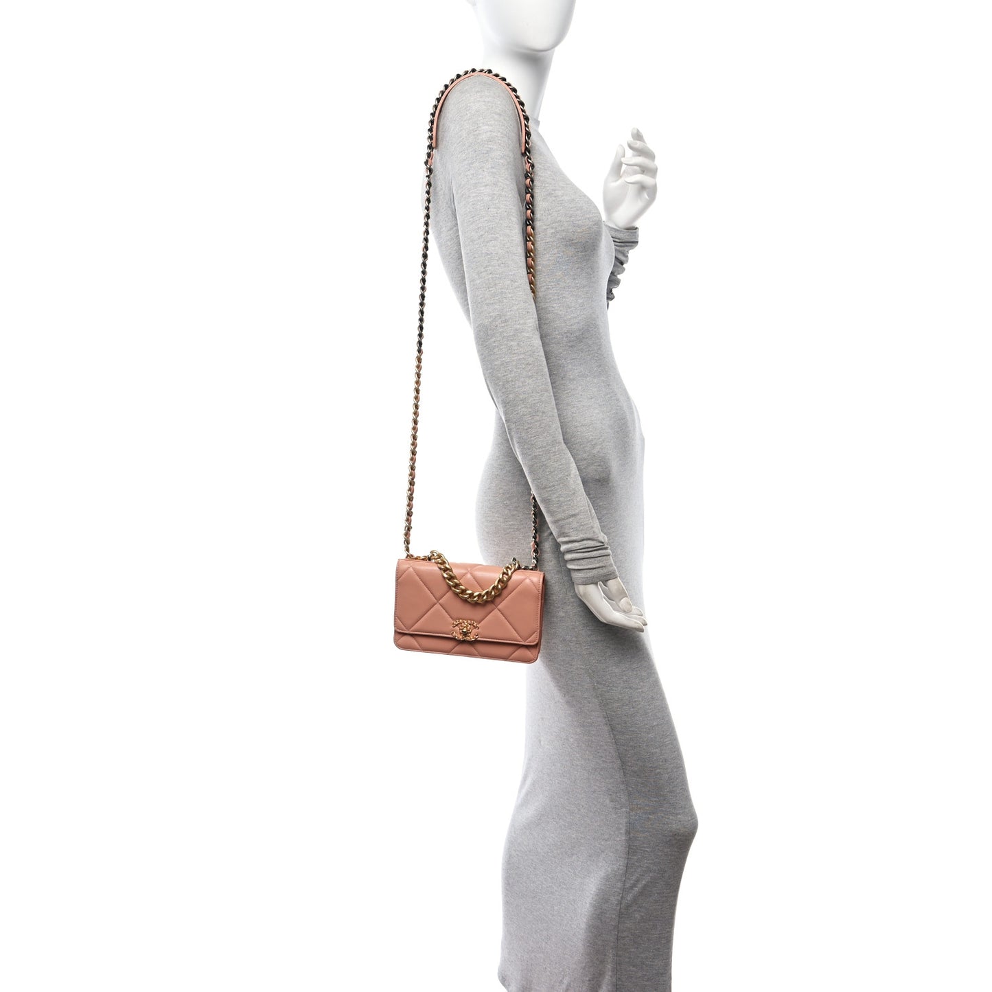 Lambskin Quilted Chanel 19 Wallet On Chain WOC Beige