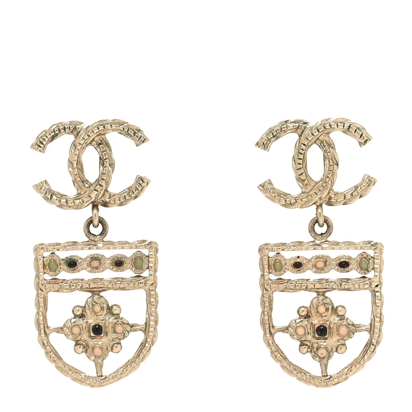 Enamel CC Rope Shield Drop Earrings Gold