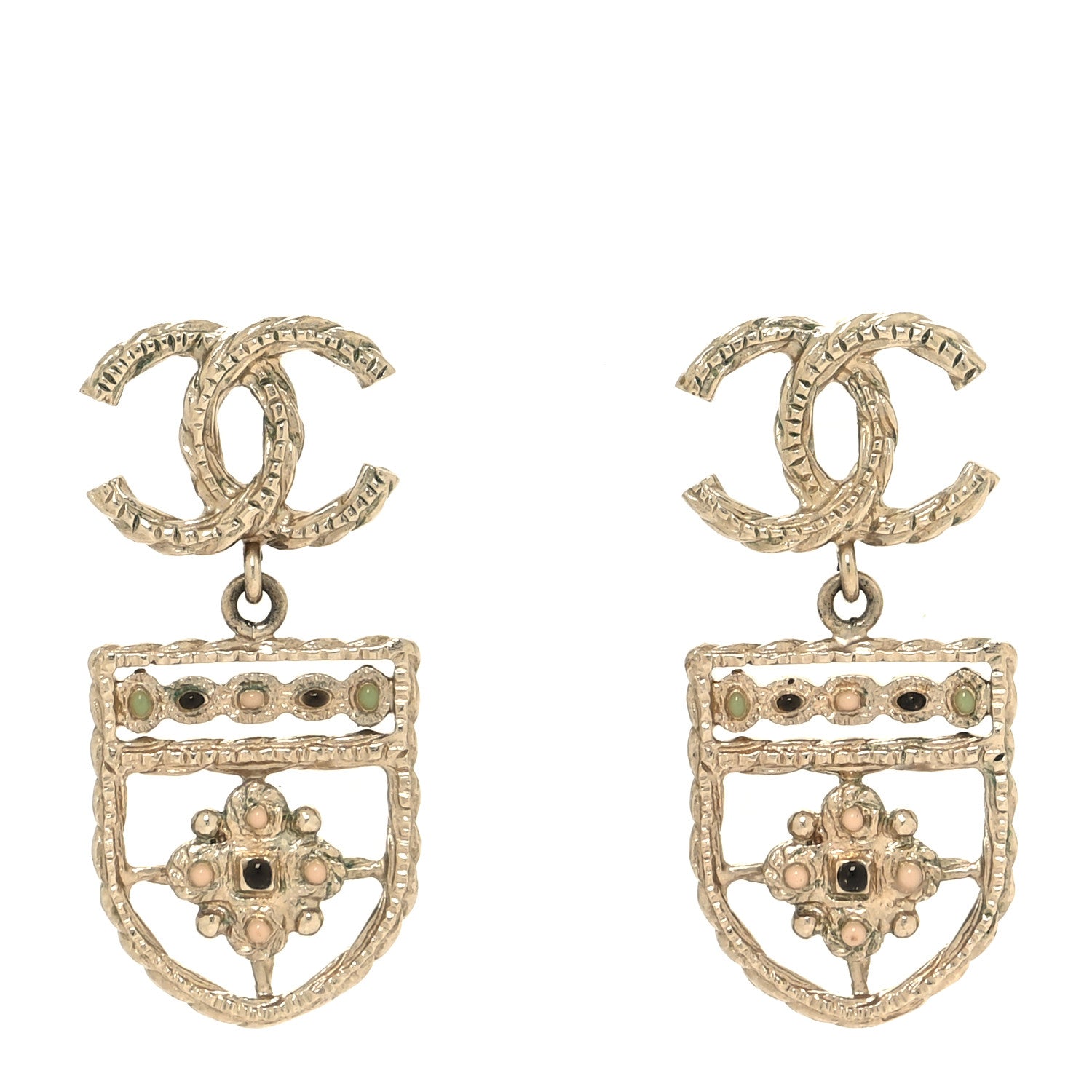 Chanel Enamel CC Rope Shield Drop Earrings Gold 1 of 4