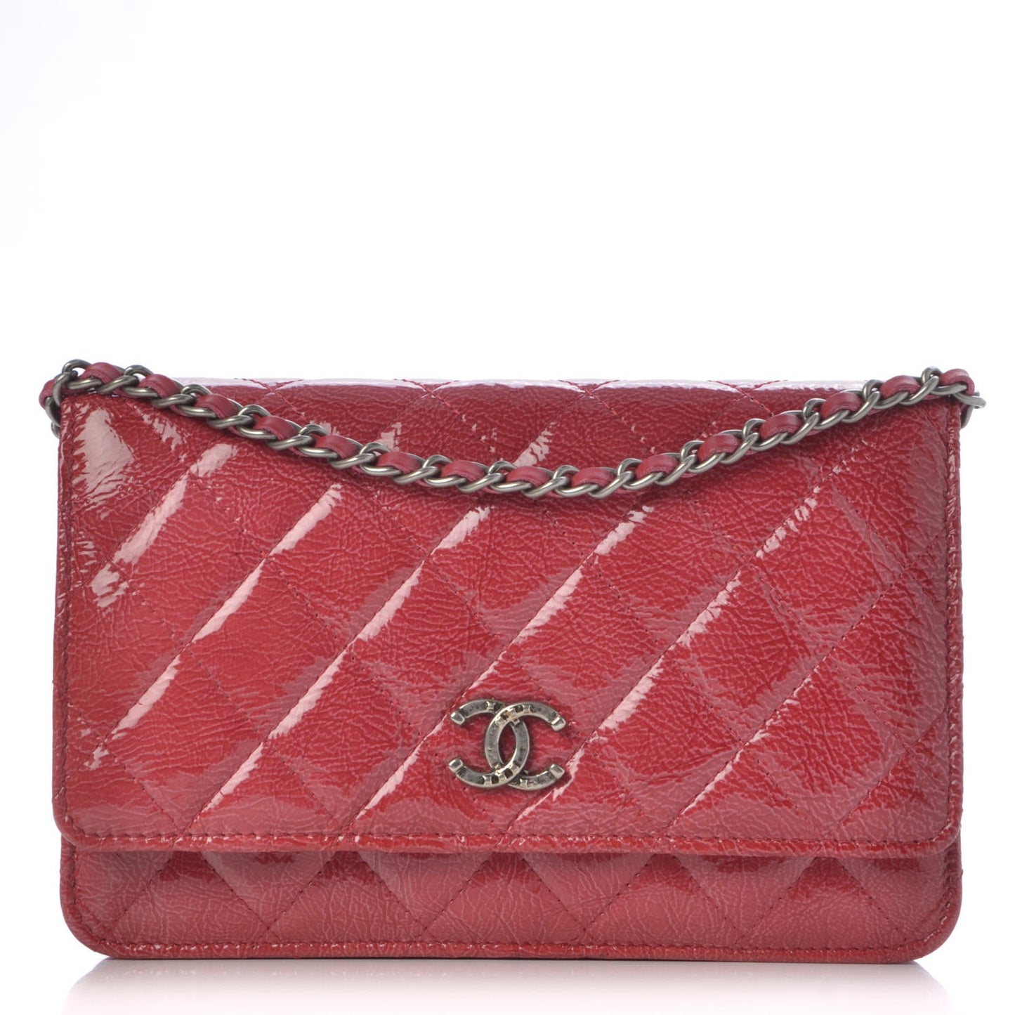 Distressed Patent Quilted Wallet On Chain WOC Dark Pink