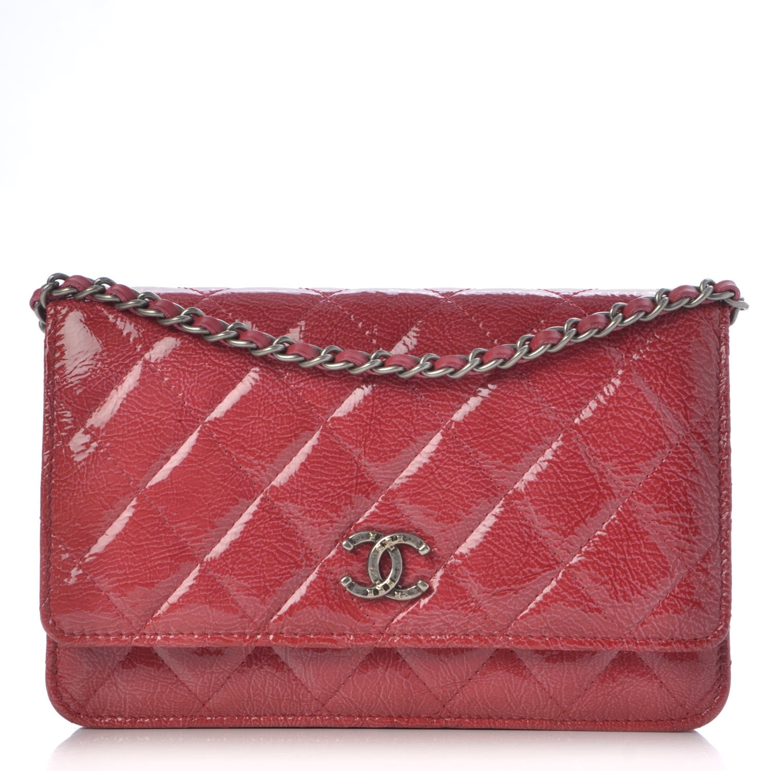 Chanel Distressed Patent Quilted Wallet On Chain WOC Dark Pink 1 of 9
