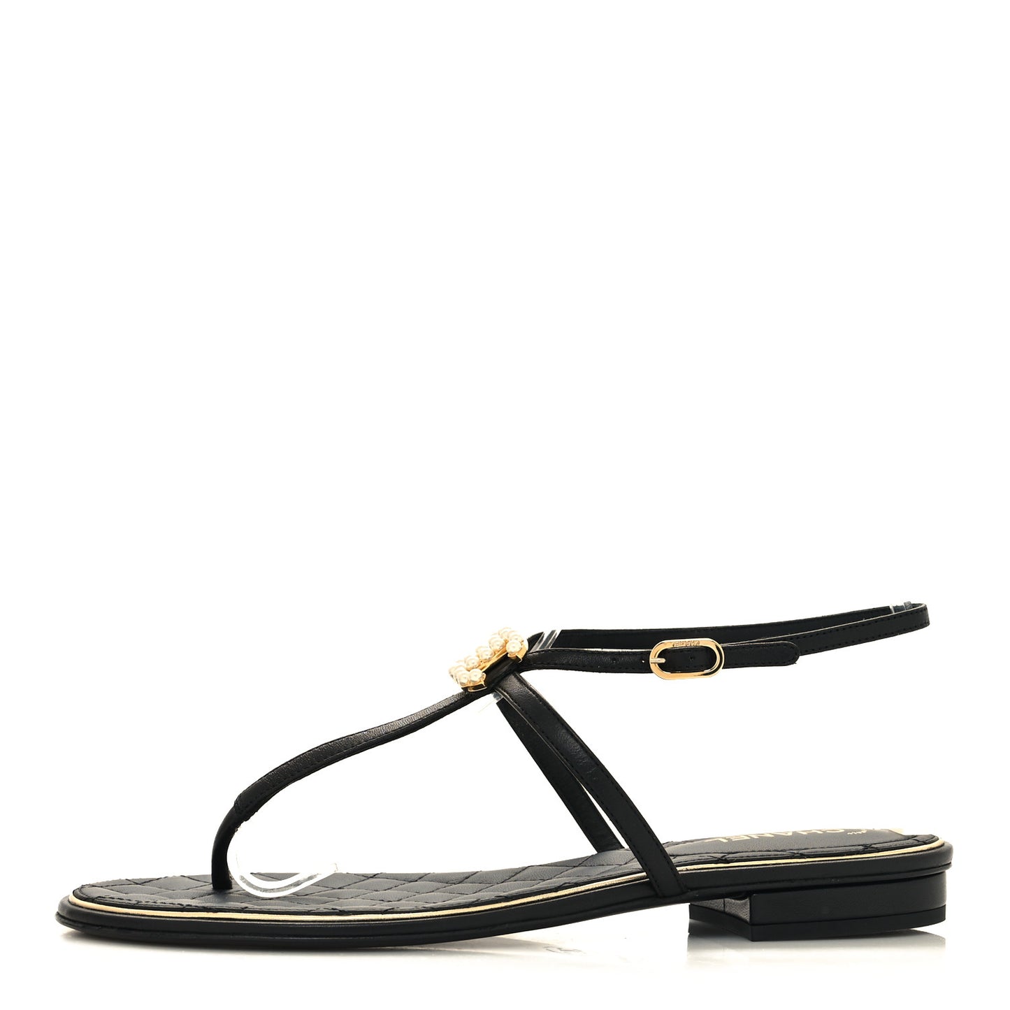 Lambskin Pearl CC Thong Sandals 37 Black Gold