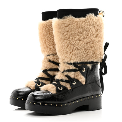 Chanel Shearling Crackled Sheepskin Chain Studded CC High Boot 36 White Black 3 of 9