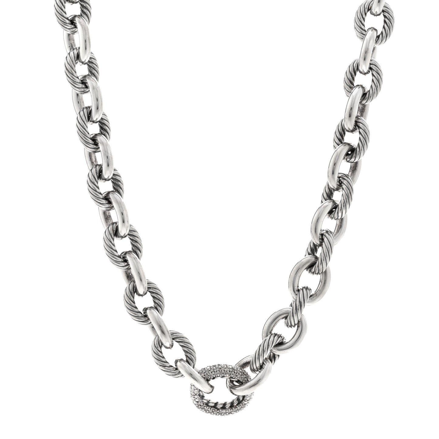 Sterling Silver Diamond Pave 15mm Large Oval Link Necklace