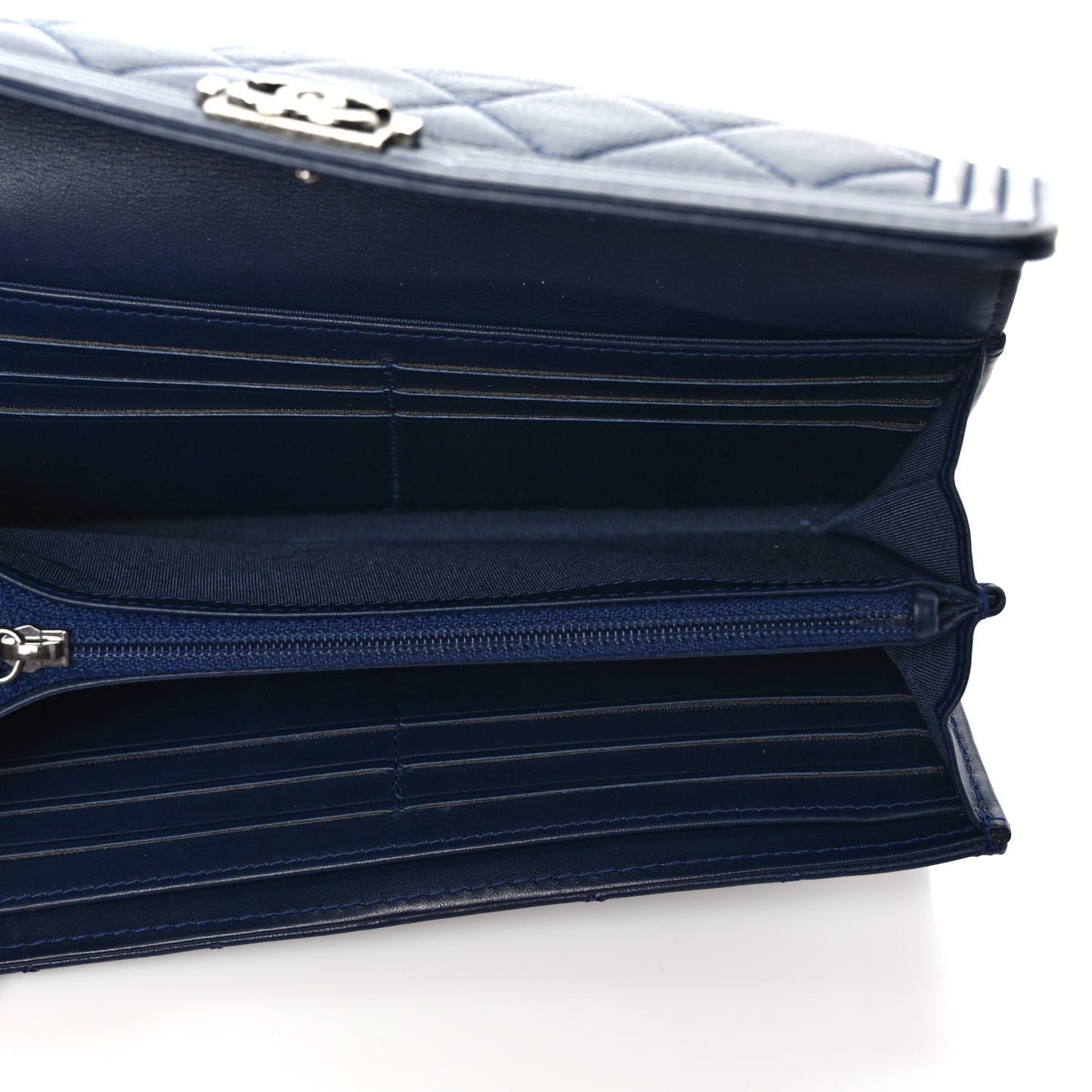 Calfskin Quilted Large Boy Gusset Flap Wallet Navy Blue