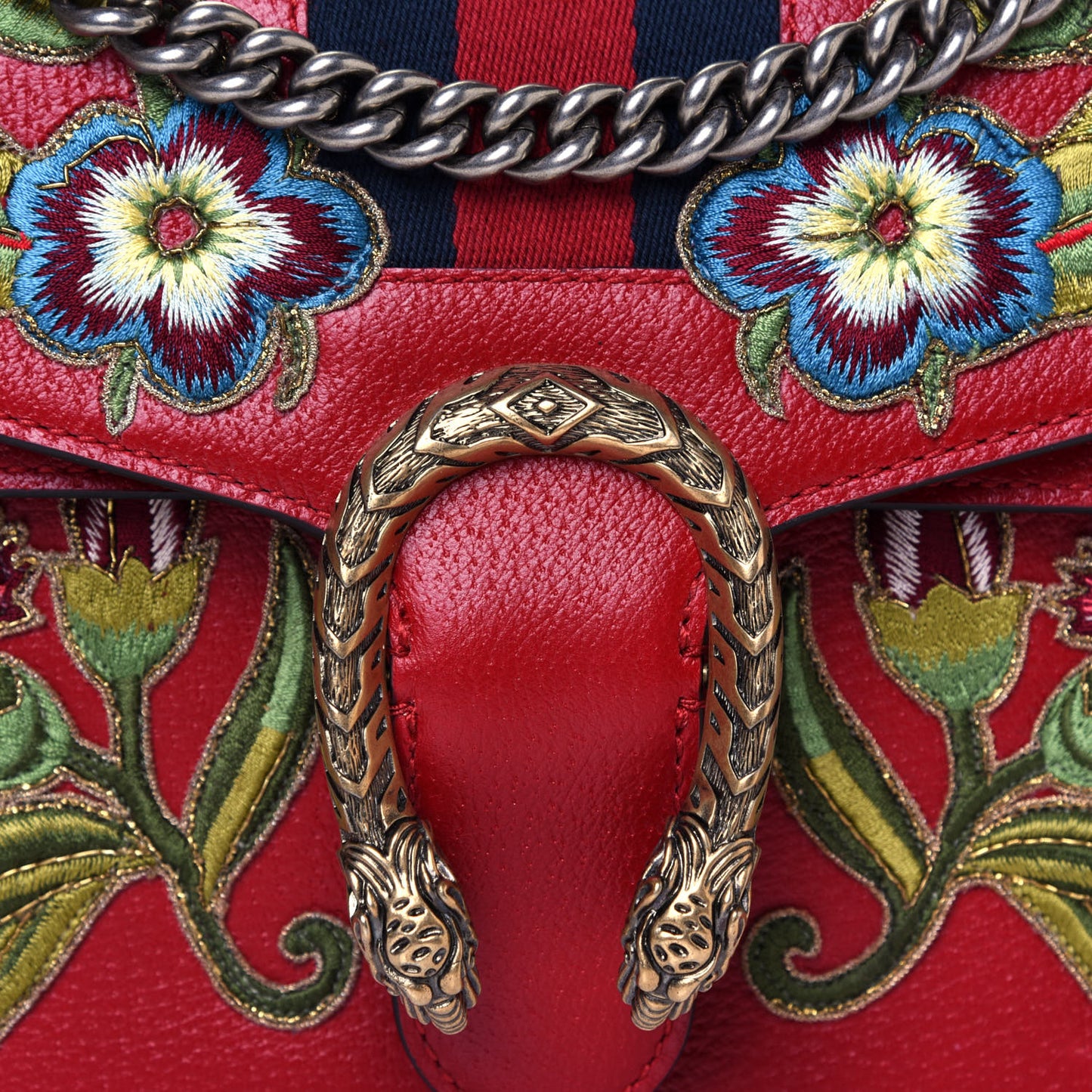 Calfskin Web Floral Embroidered Small Dionysus Shoulder Bag Hibiscus Red