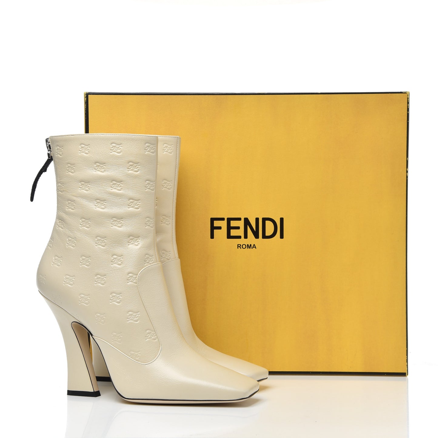 Vitello Karligraphy Embossed FFreedom High Heel Ankle Boots 40 White