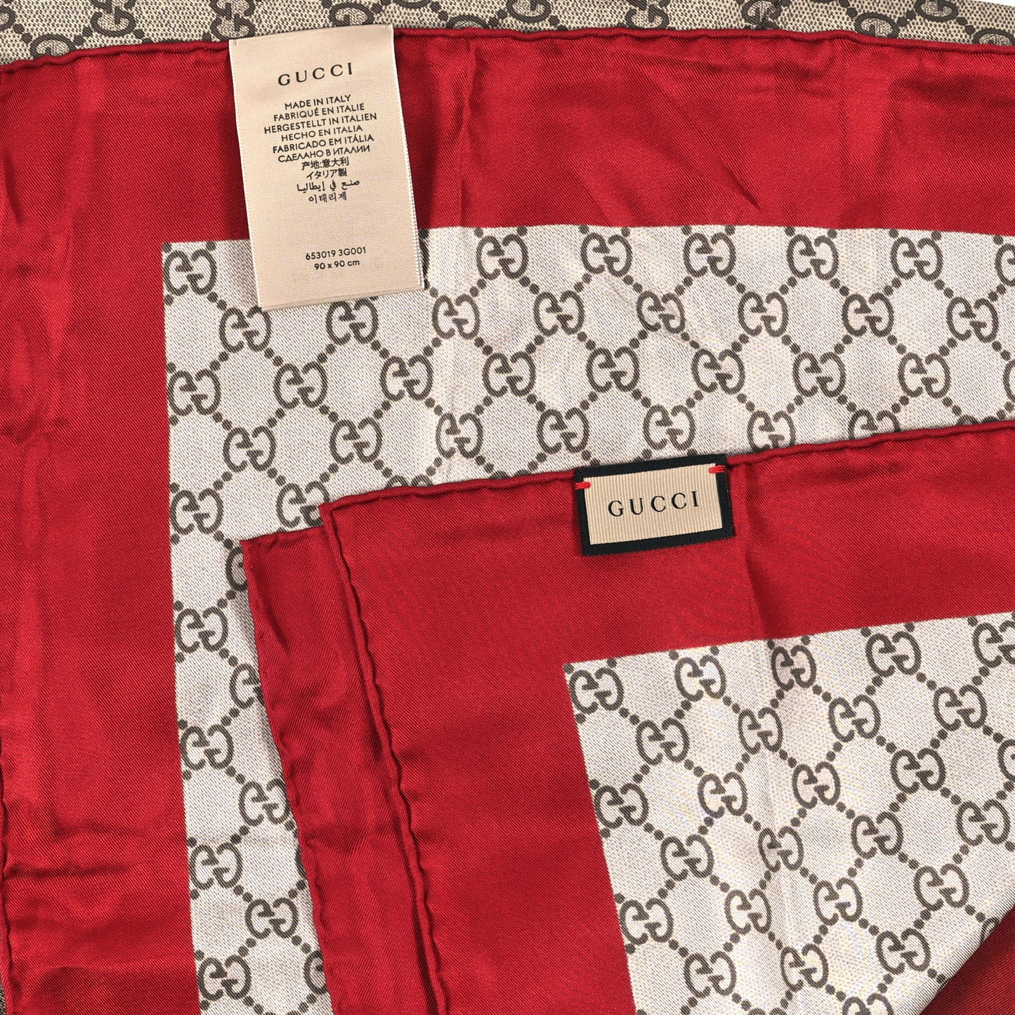 Silk GG Monogram Heart Square Scarf Beige Red
