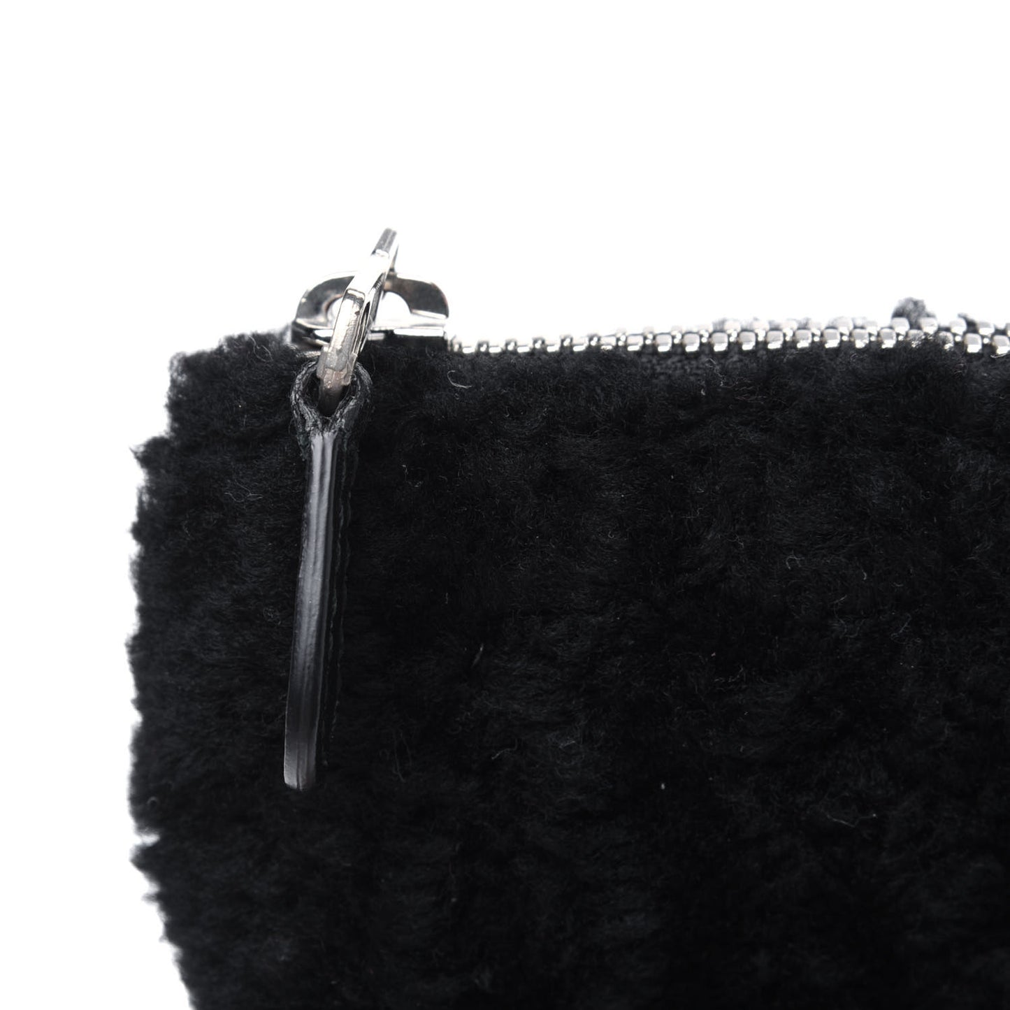 Sheepskin Shearling Contrasted Logo Large Zip Pouch Black