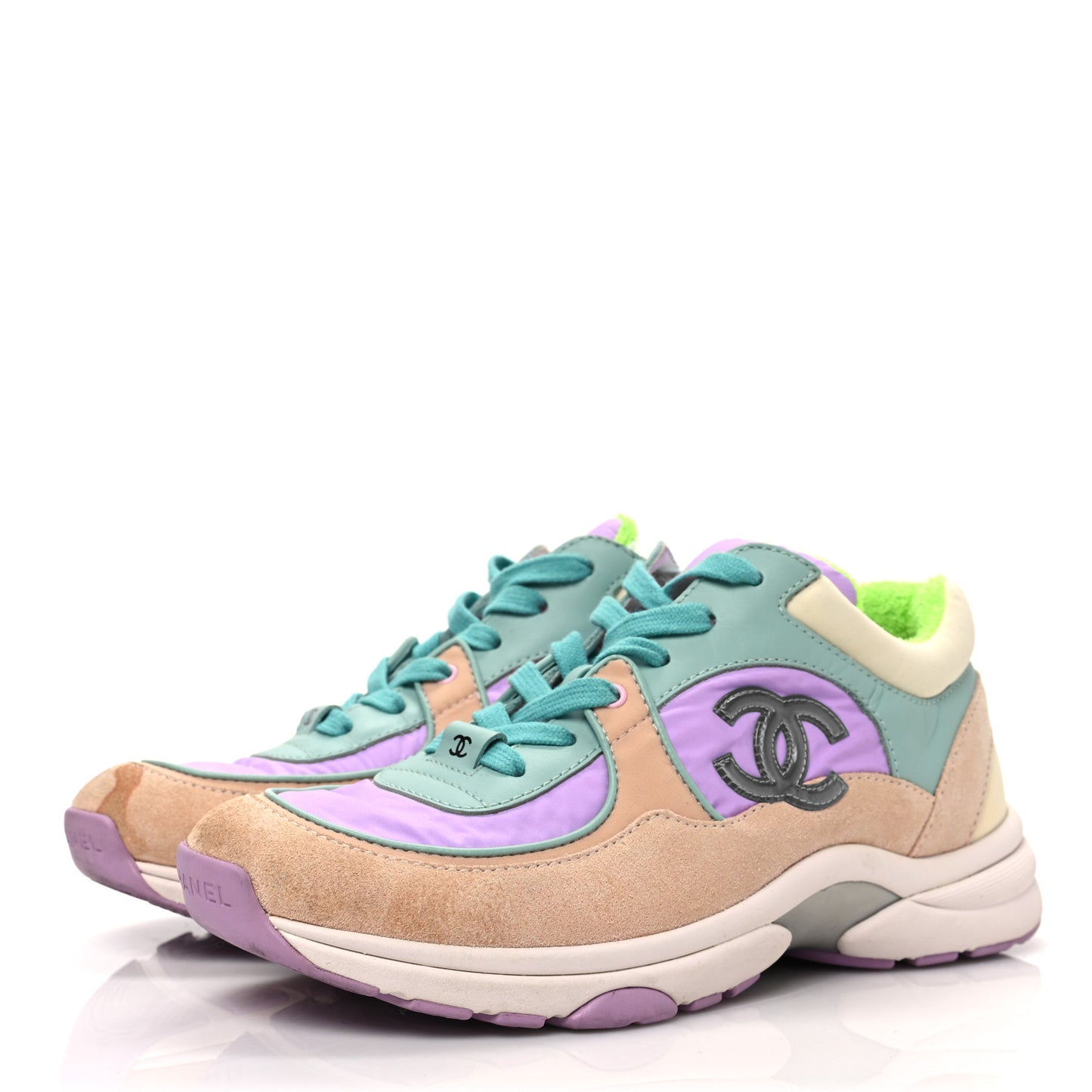 Nylon Lambskin Suede Calfskin CC Sneakers 37 Green Purple Pink
