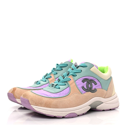 Chanel Nylon Lambskin Suede Calfskin CC Sneakers 37 Green Purple Pink 3 of 8