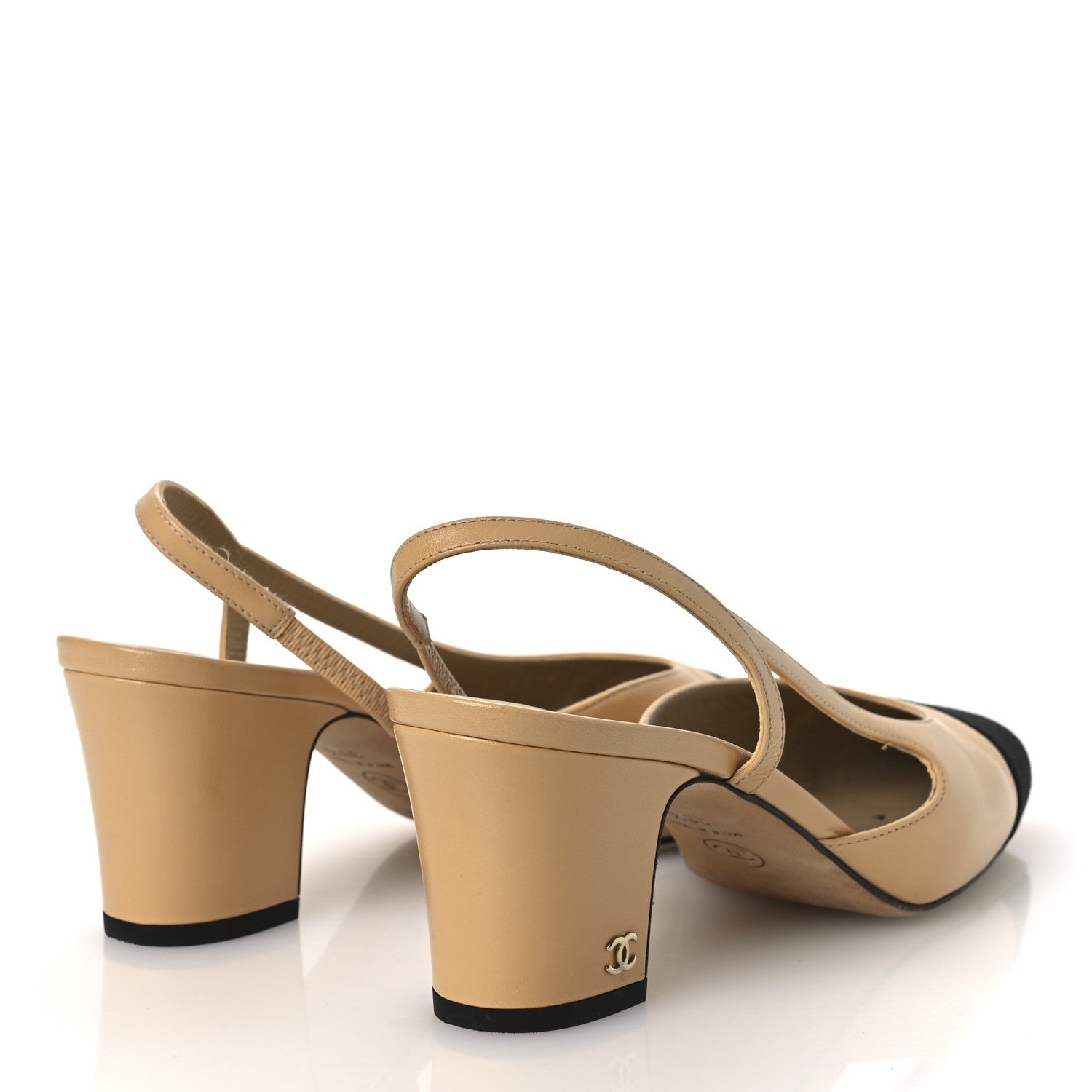 Chanel Goatskin Grosgrain Cap Toe CC Slingback Pumps 38.5 Beige Black 5 of 14