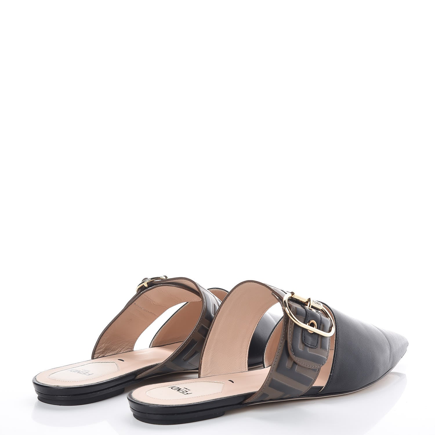 Fendi Vitello FF Embossed Buckle Flat Mules 38.5 Maya Black 4 of 10