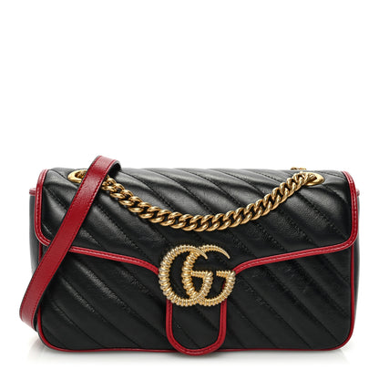 Gucci Vintage Effect Calfskin Matelasse Diagonal Small Torchon GG Marmont Shoulder Bag Black Romantic Cherry 1 of 10