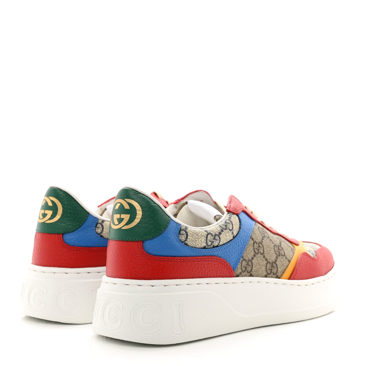 GG Supreme Monogram Textured Dollar Calfskin Mens Chunky Sneakers 7 Beige Ebony Blue Lobster Red Crop