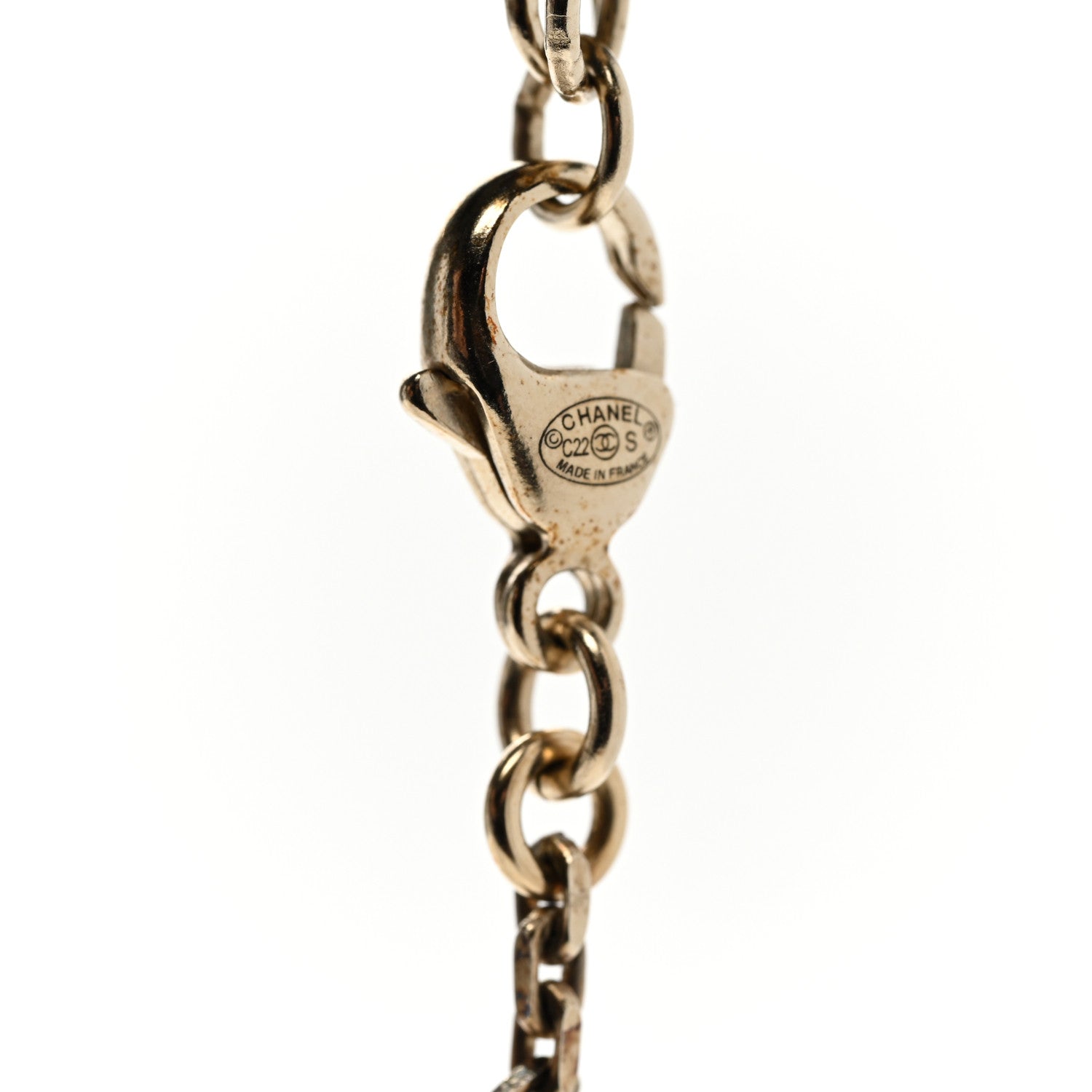 Chanel Metal Resin Pearl Crystal 5 CC Charm Necklace Gold Pink White 5 of 5