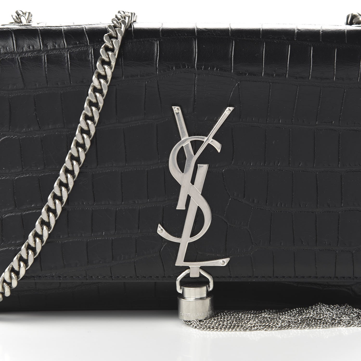 Saint Laurent Calfskin Crocodile Embossed Small Classic Monogram Kate Tassel Satchel Black 9 of 9