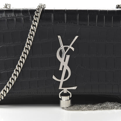 Saint Laurent Calfskin Crocodile Embossed Small Classic Monogram Kate Tassel Satchel Black 9 of 9