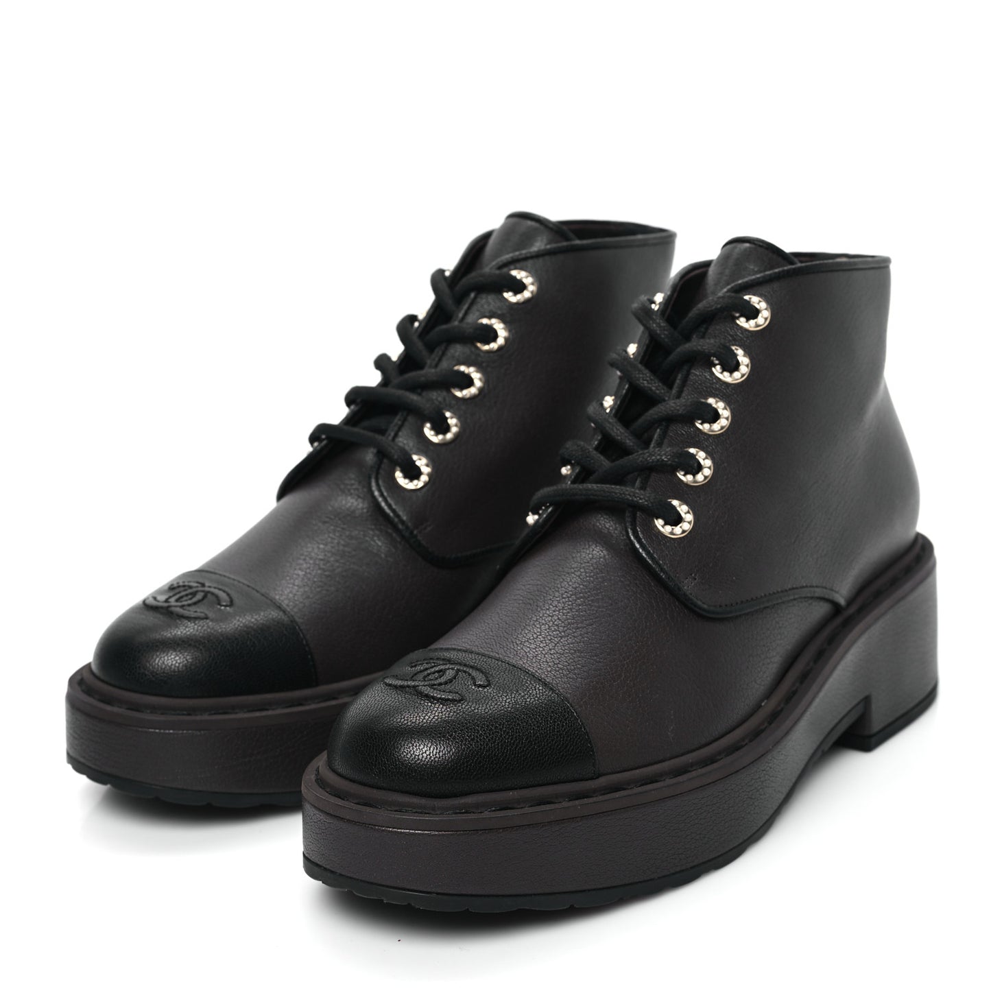 Goatskin Pearl Lace Up CC Short Boots 41 Brown Black
