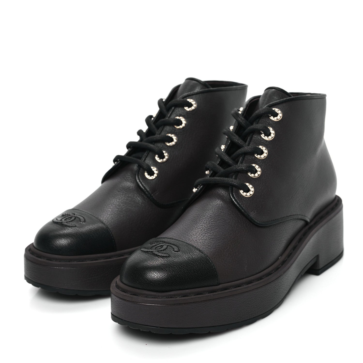 Chanel Goatskin Pearl Lace Up CC Short Boots 41 Brown Black 3 of 9