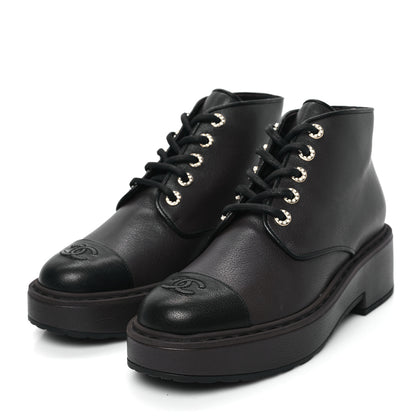 Chanel Goatskin Pearl Lace Up CC Short Boots 41 Brown Black 3 of 9