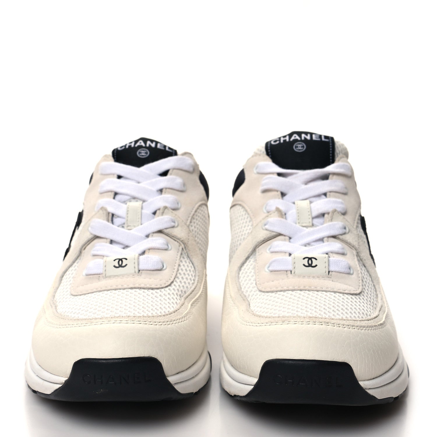 Chanel Mesh Suede Calfskin Grained Calfskin Womens CC Sneakers 40 White Black 2 of 9