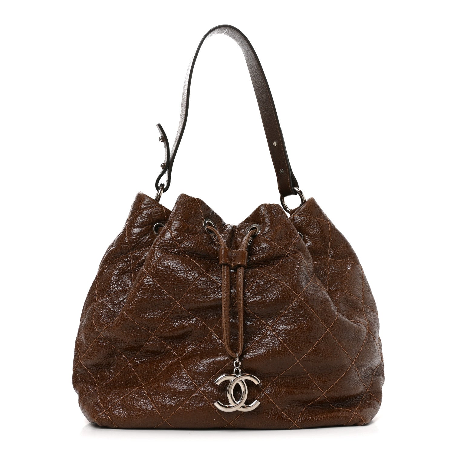 Chanel Glazed Calfskin On The Road Drawstring Tote Brown 1 of 8