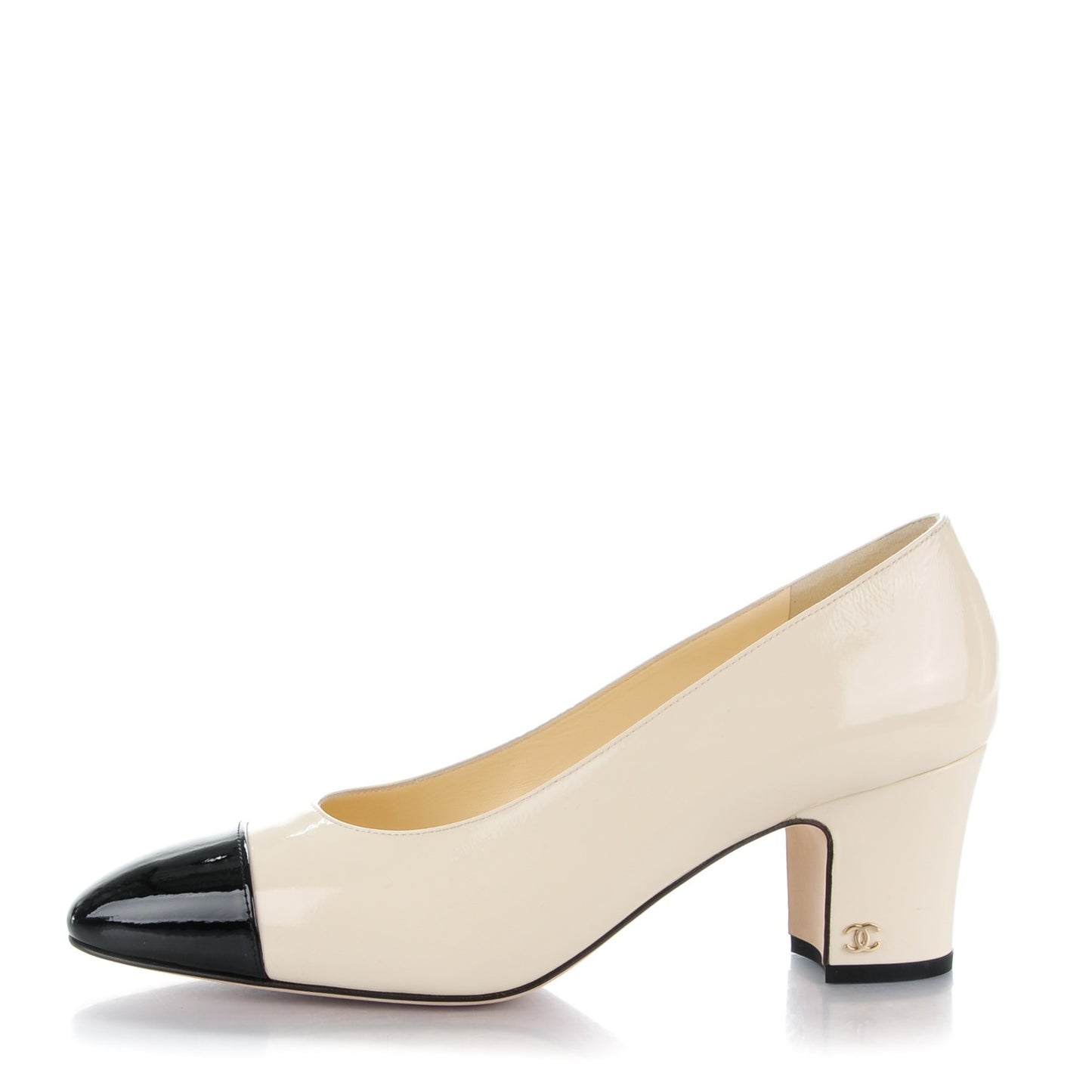 Patent Calfskin CC Cap Toe Low Heel Pumps 40 White Black