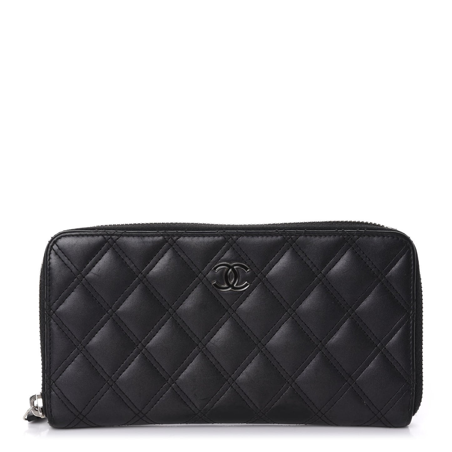 Lambskin Double Stitch Quilted Large Gusset Zip Around Wallet Black