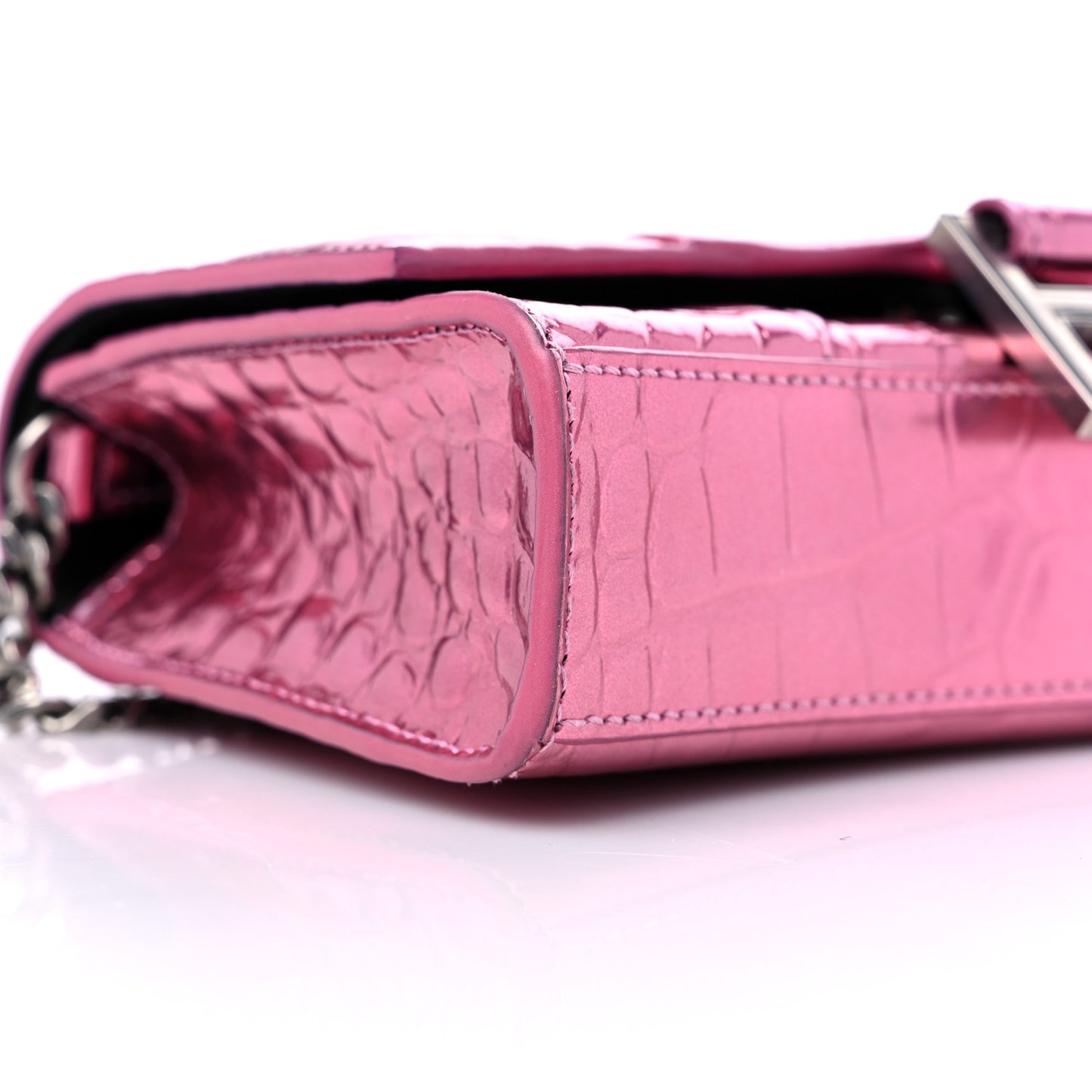 Metallic Shiny Calfskin Crocodile Embossed Hourglass Chain Bag Pink