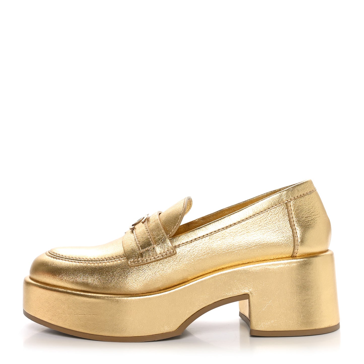 Laminated Calfskin CC Platform Loafers 38.5 Golden
