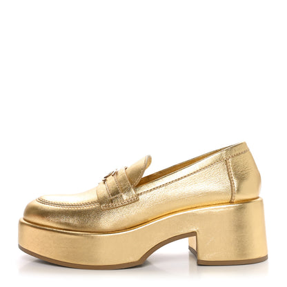 Chanel Laminated Calfskin CC Platform Loafers 38.5 Golden 1 of 8