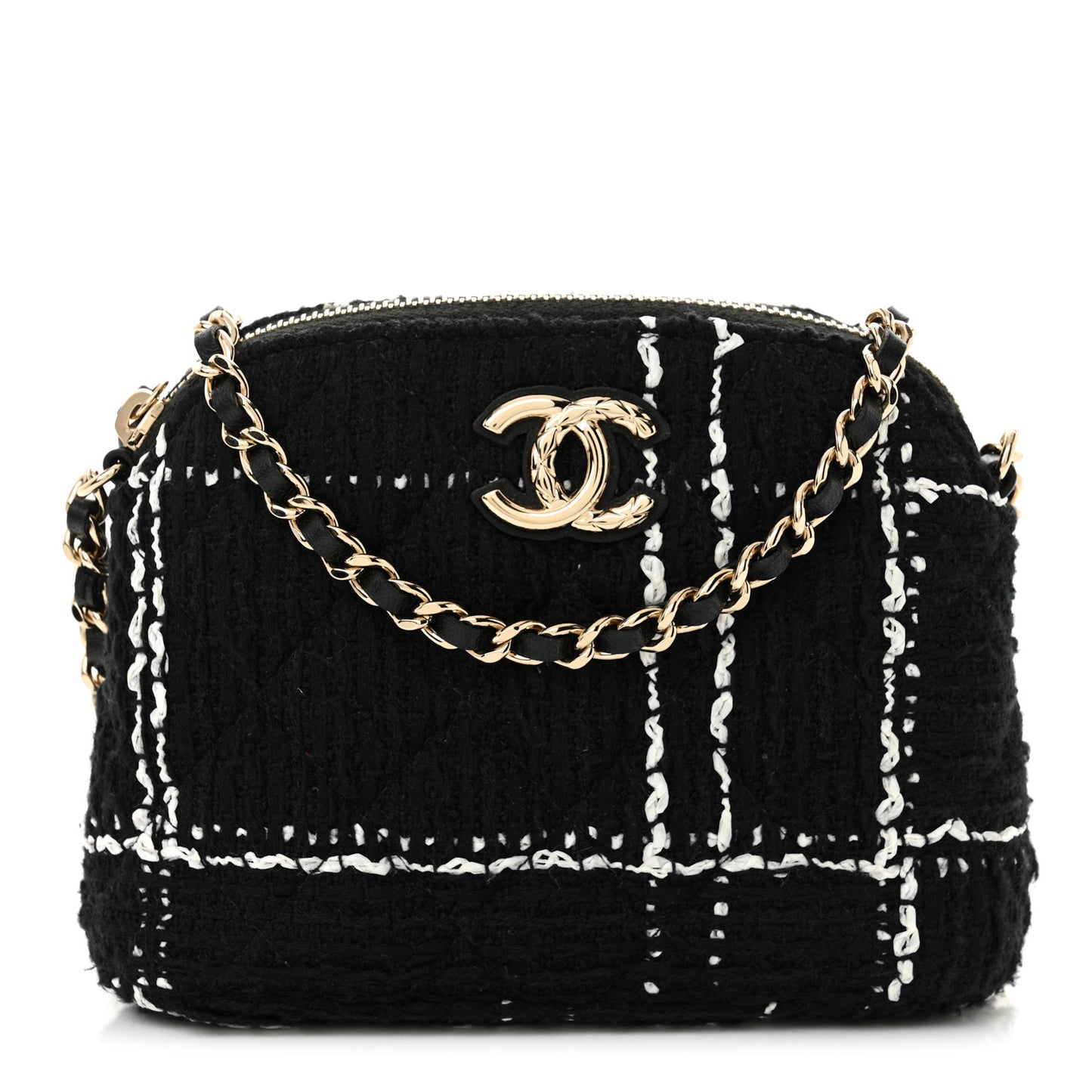 Tweed Quilted Mini Clutch With Chain Black White