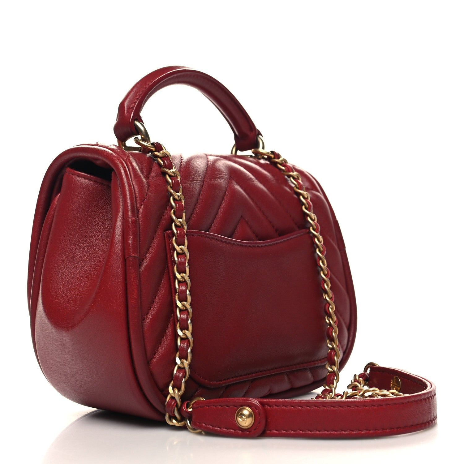 Chanel Lambskin Reverse Chevron Quilted Mini Round Top Handle Flap Red 3 of 13